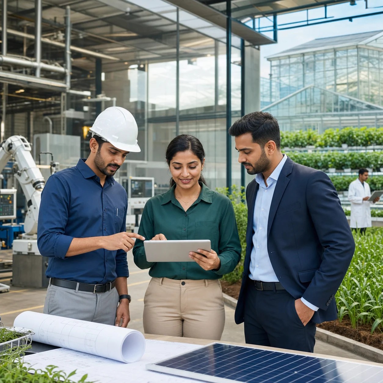 Indian professionals reviewing sustainable industrial and commercial agriculture solutions